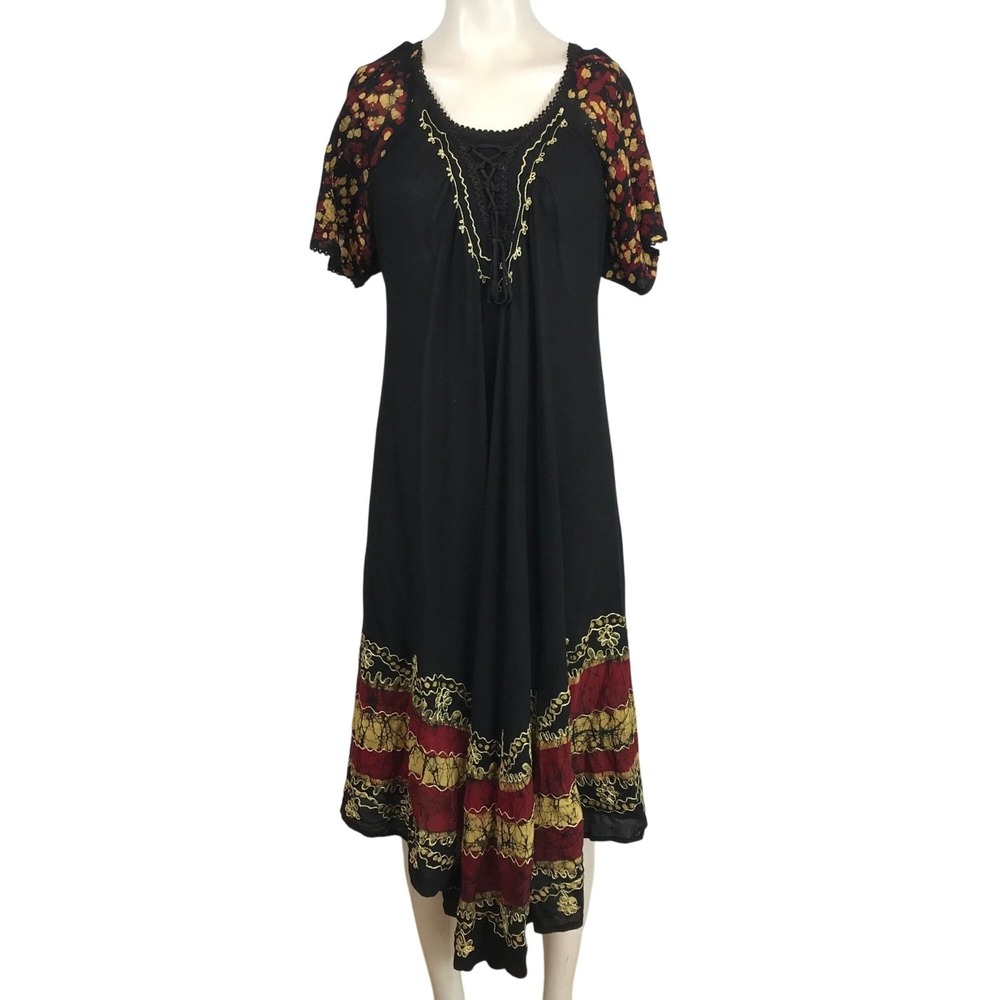 SAKKAS - WOMEN'S ONE SIZE - BLACK SHORT SLEEE ROUND NECK 100% RAYON DRESS